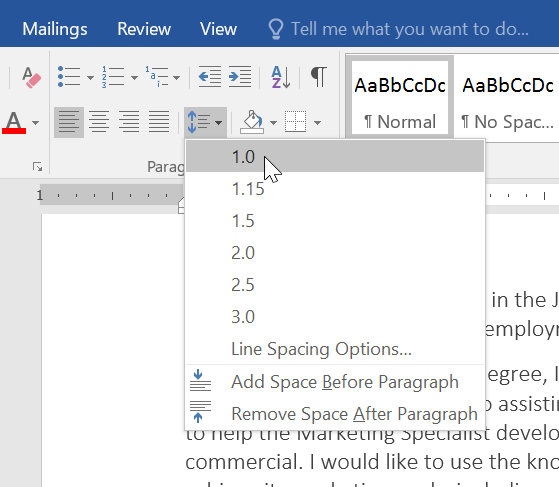 selecting a line spacing option