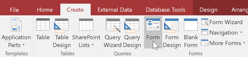 Using the Form command to create a form using the Customers table