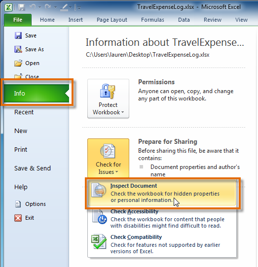 Selecting the Inspect Document command