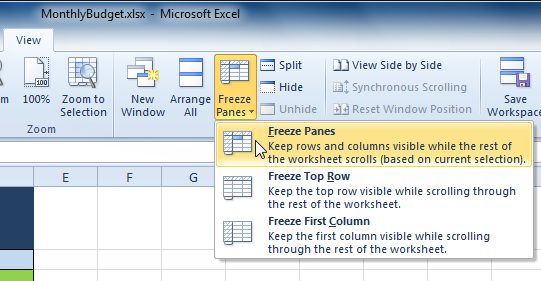 Selecting the Freeze Panes command from the View tab