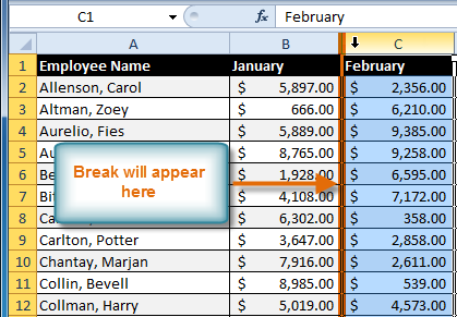 Selecting the column to the right of where the break will appear