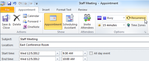 Screenshot of Microsoft Outlook 2010