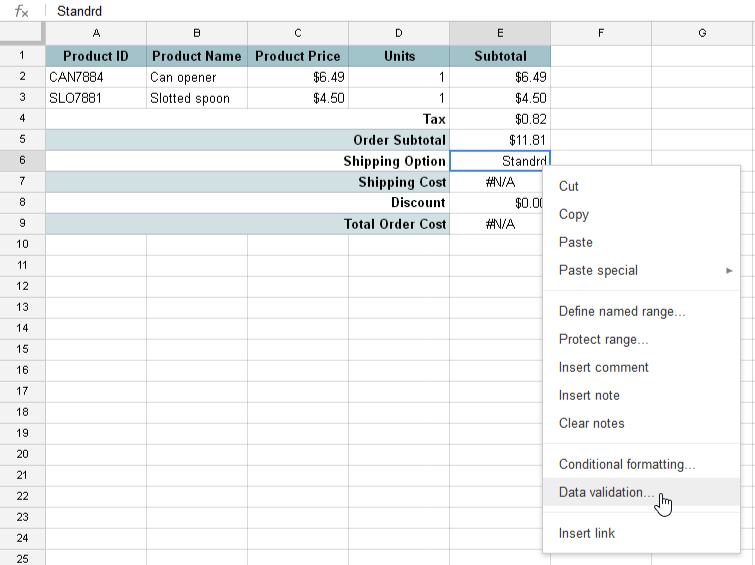 screenshot of Google Sheets