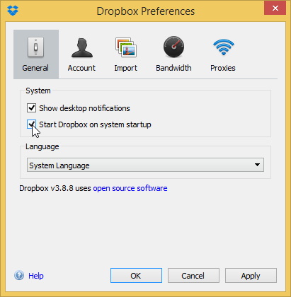 Dropbox Preferences showing startup option