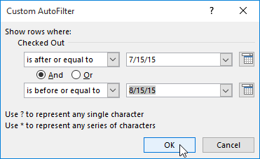 The date filter dialog box