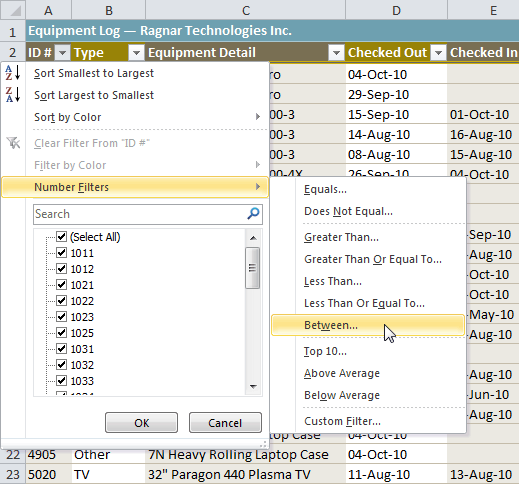 Selecting a number filter