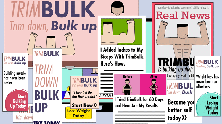 illustration of advertisements, articles, and magazine covers showcasing a health crzae called TrimBulk