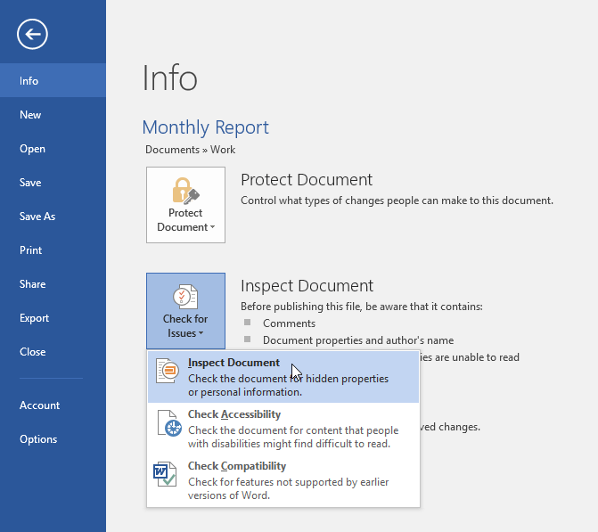 clicking the Inspect Document command from the Backstage view