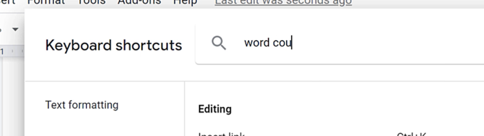 searching word count keyboard shortcut