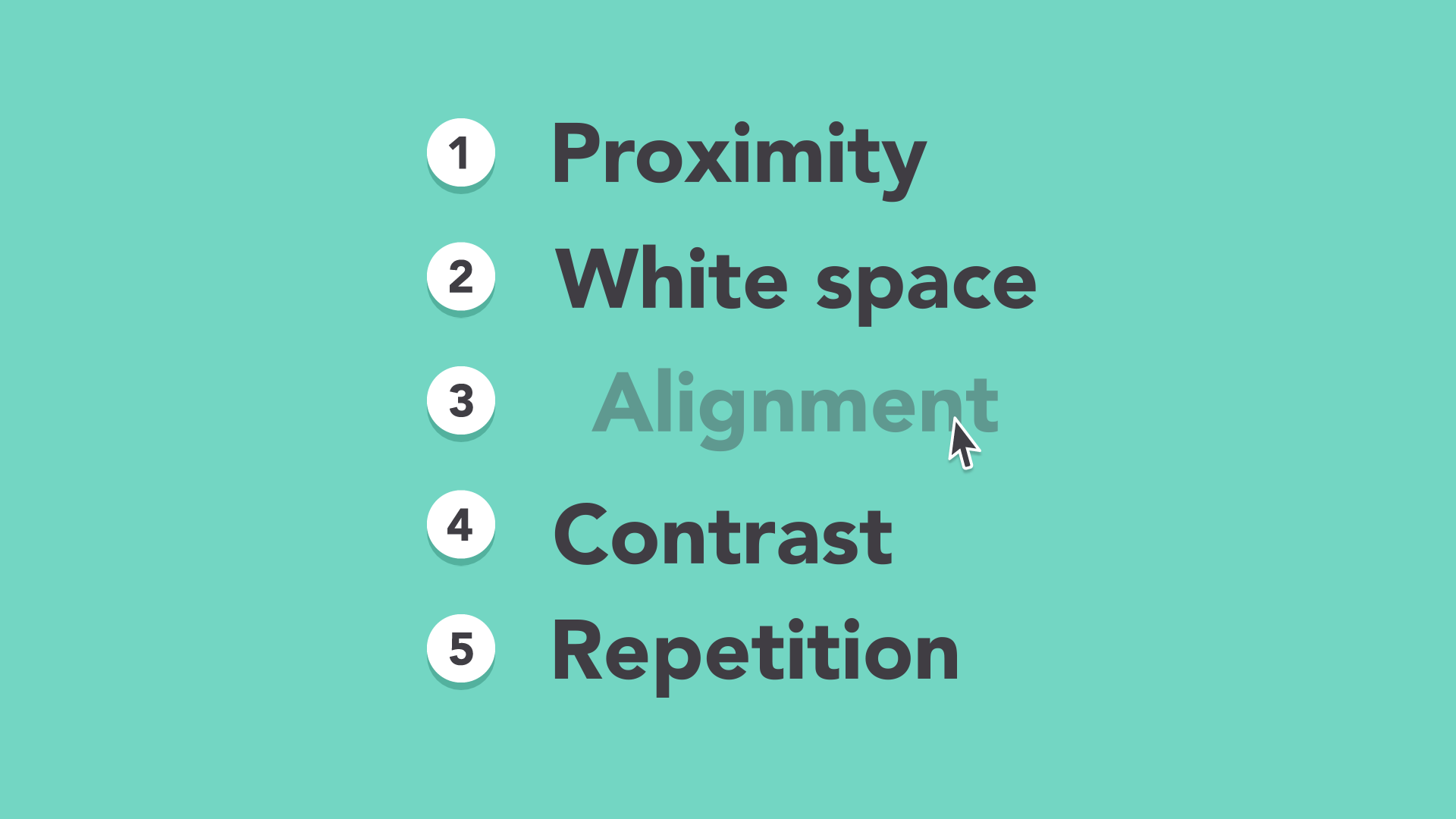 proximity, white space, alignment, contrast, repetition
