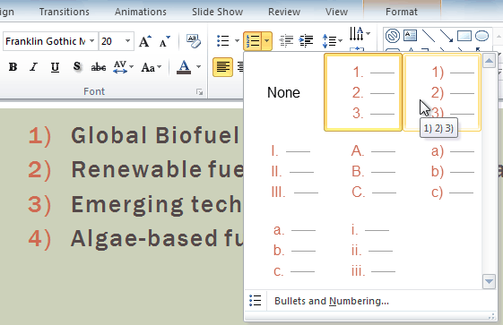 Selecting a new numbering type