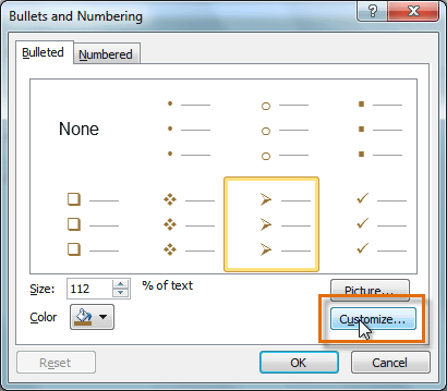 Clicking the Customize command