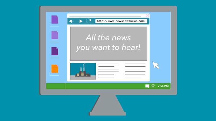 A computer shows a website that says 'All the news you want to hear!'