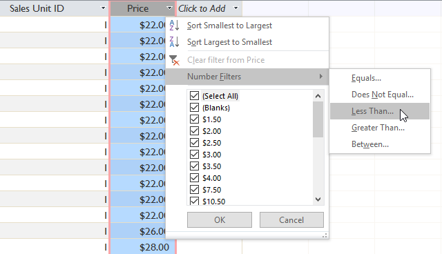 Selecting a field to filter by