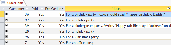 The filtered table showing only records containing the word "party" in the Notes field