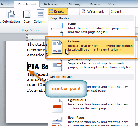 Adding a column break