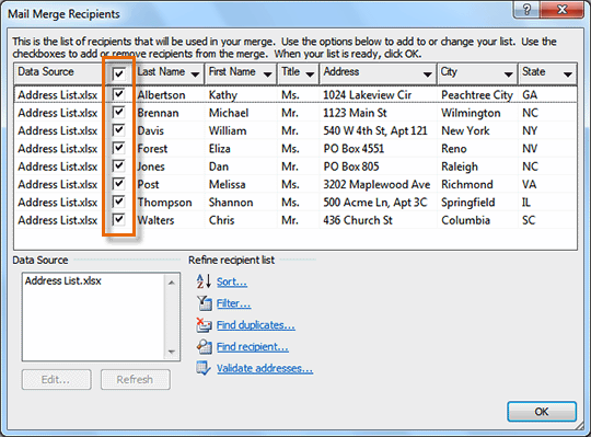 Use check boxes to include or exclude recipients