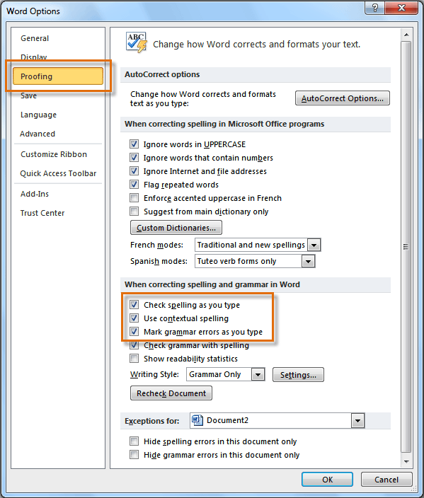 Changing the Proofing Options