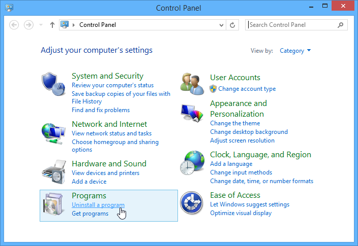 choosing the Uninstall a program option