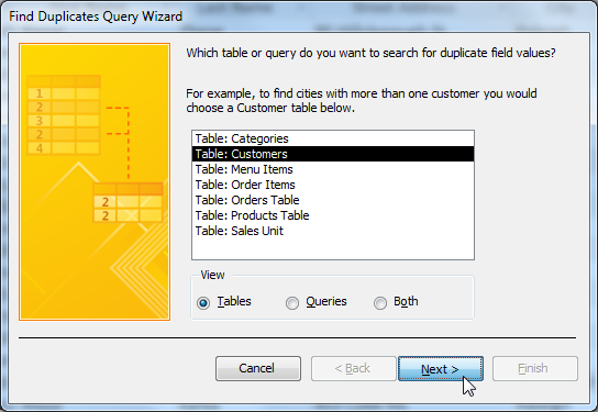 Selecting the table to search for duplicates